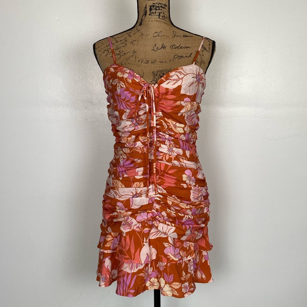 Fore Floral Ruched Bodycon Mini Dressโ M Layered Ruffle Fairy Babydoll Tropical